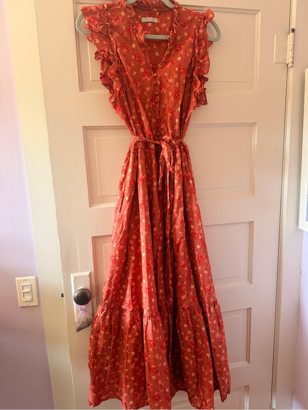 Orange Floral Ruffled Maxi Dress with Waist Tie